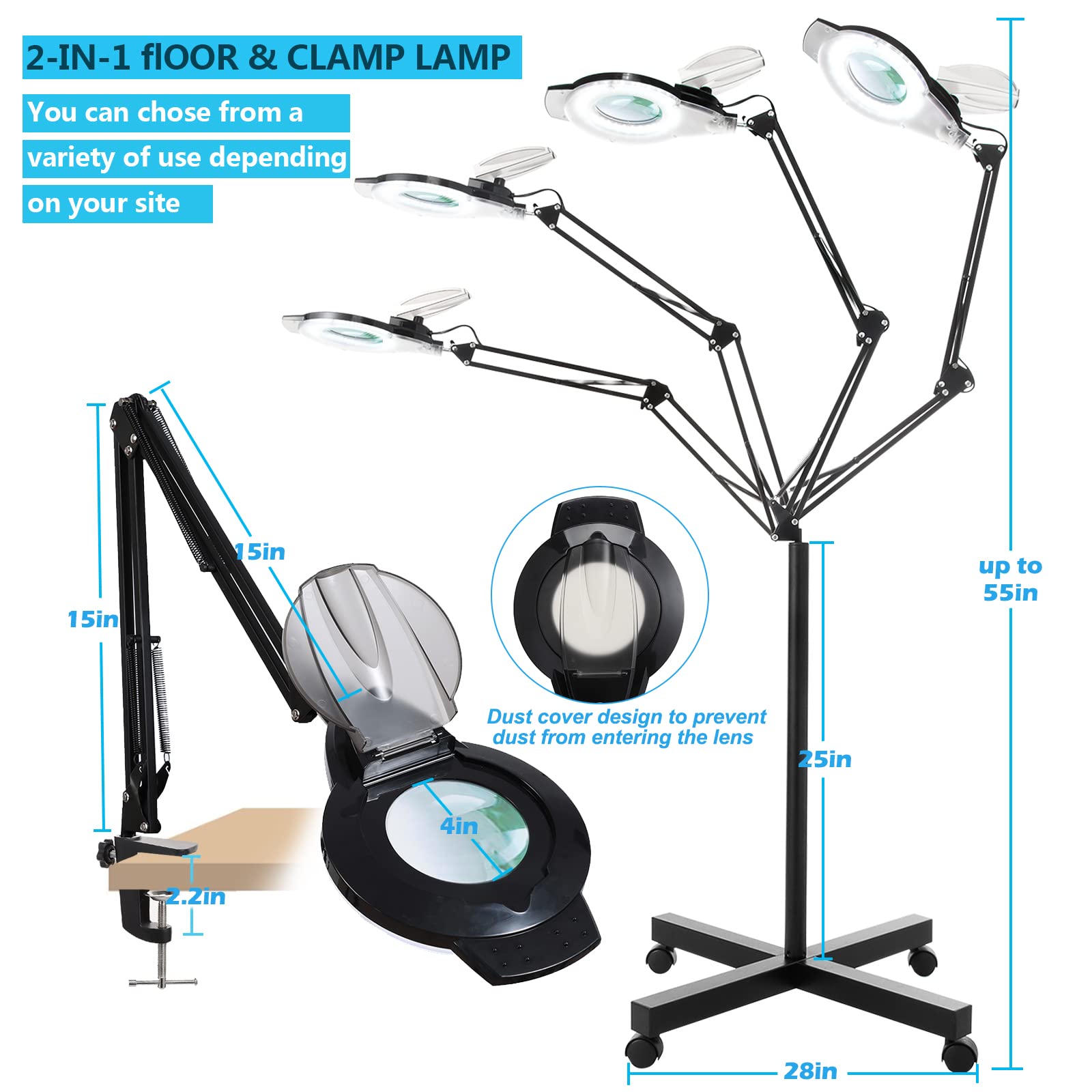 KIRKAS 10X Magniyfing Floor Lamp with 4 Wheel Rolling Base for Estheticians 2,200 Lumens LED Magnifier Lighted Glass Lens, Adjustable Stand & Swivel Arm Floor Lamp for Reading, Crafts, Tasks