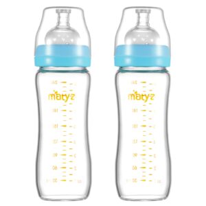 matyz glass breastmilk baby feeding bottle with nipple, 2 pack, 8 oz slim and light bottle easy to hold, food grade borosilicate glass, wide neck easy to clean, bpa free (blue lids)