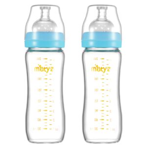 Matyz Glass Breastmilk Baby Feeding Bottle with Nipple, 2 Pack, 8 oz Slim and Light Bottle Easy to Hold, Food Grade Borosilicate Glass, Wide Neck Easy to Clean, BPA Free (Blue Lids)