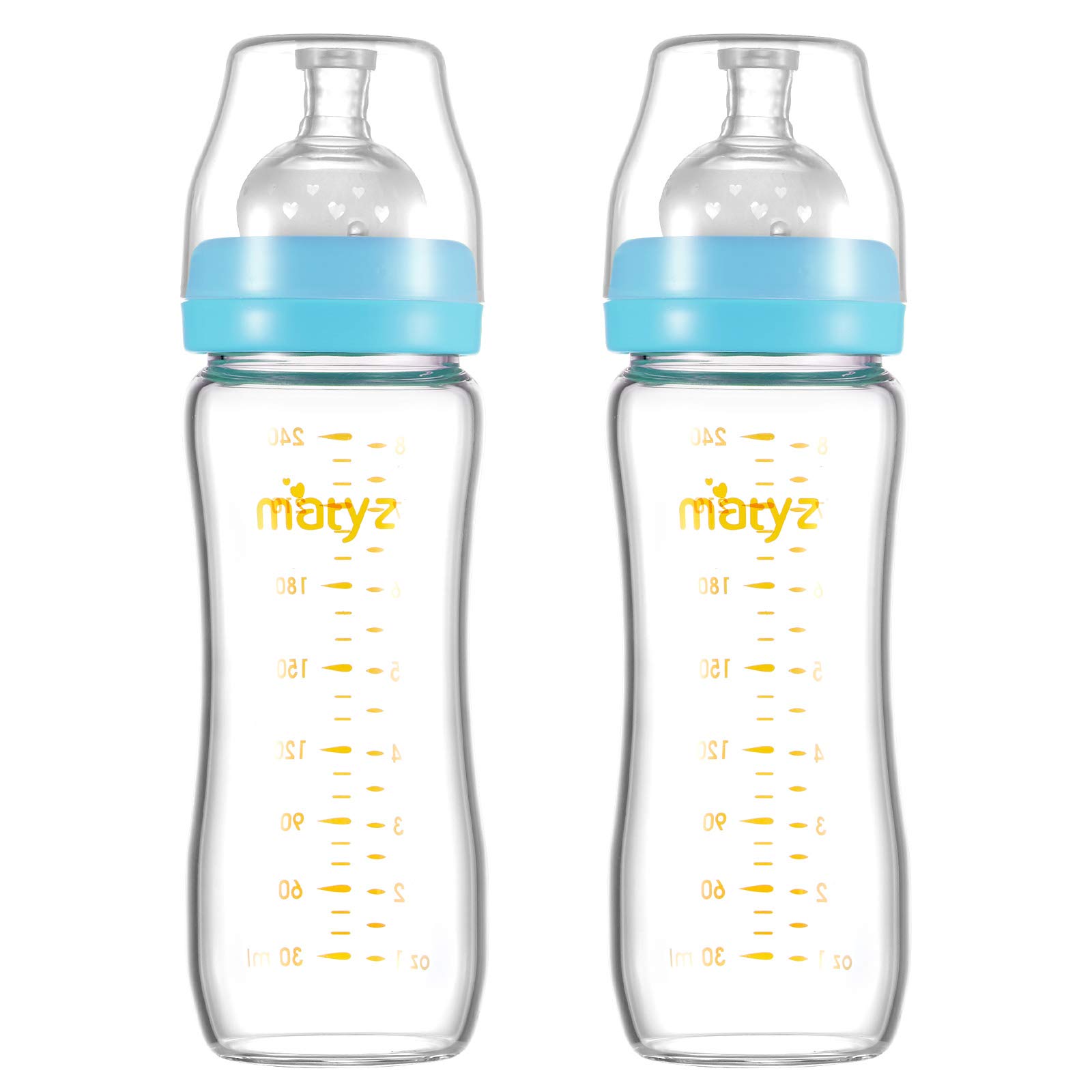 Matyz Glass Breastmilk Baby Feeding Bottle with Nipple, 2 Pack, 8 oz Slim and Light Bottle Easy to Hold, Food Grade Borosilicate Glass, Wide Neck Easy to Clean, BPA Free (Blue Lids)