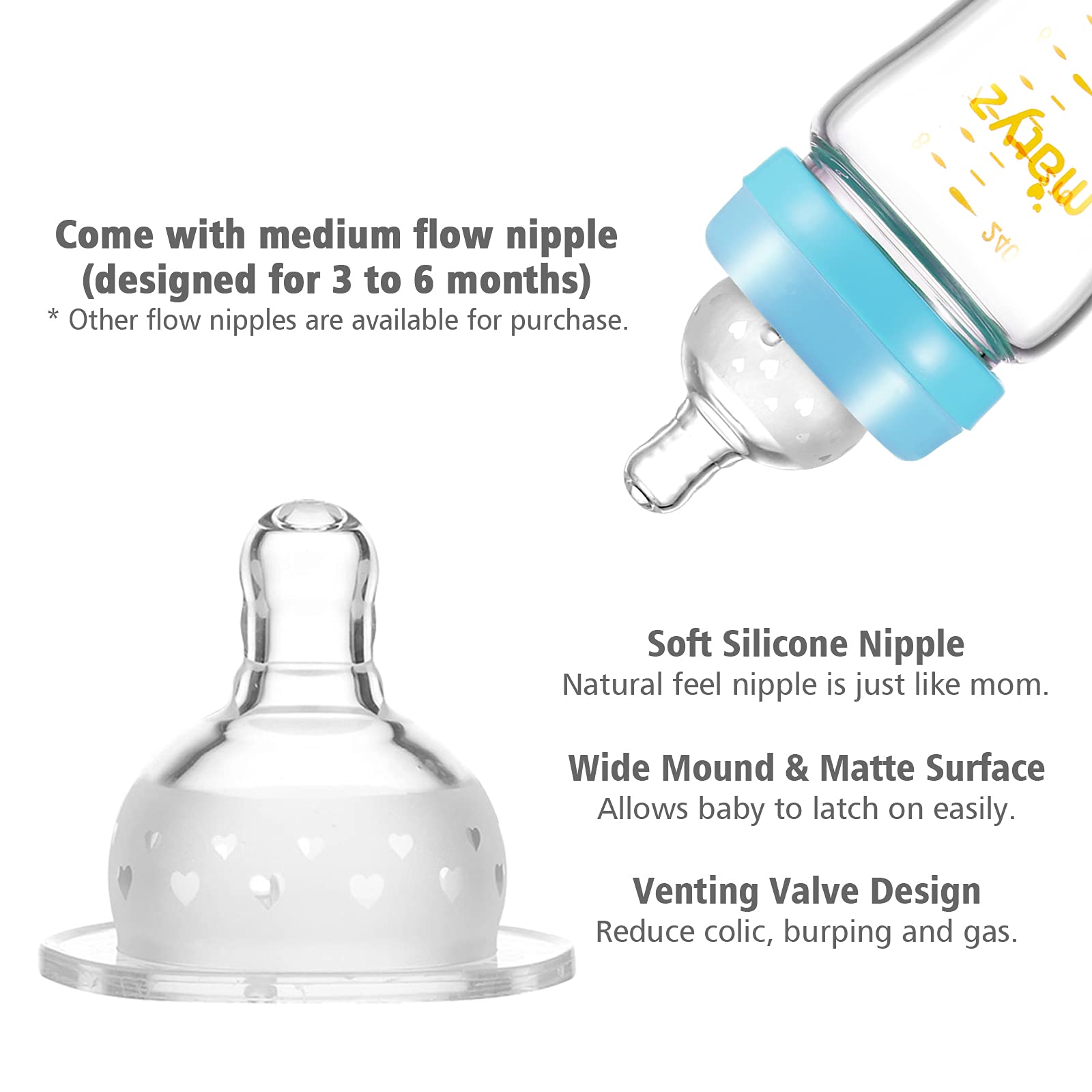 Matyz Glass Breastmilk Baby Feeding Bottle with Nipple, 2 Pack, 8 oz Slim and Light Bottle Easy to Hold, Food Grade Borosilicate Glass, Wide Neck Easy to Clean, BPA Free (Blue Lids)