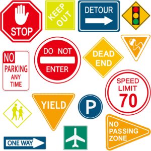 15 pieces road signs wall decal traffic sign stickers street signs decals stop street transportation signs vinyl wall decals for kids bedroom classroom playroom birthday decor
