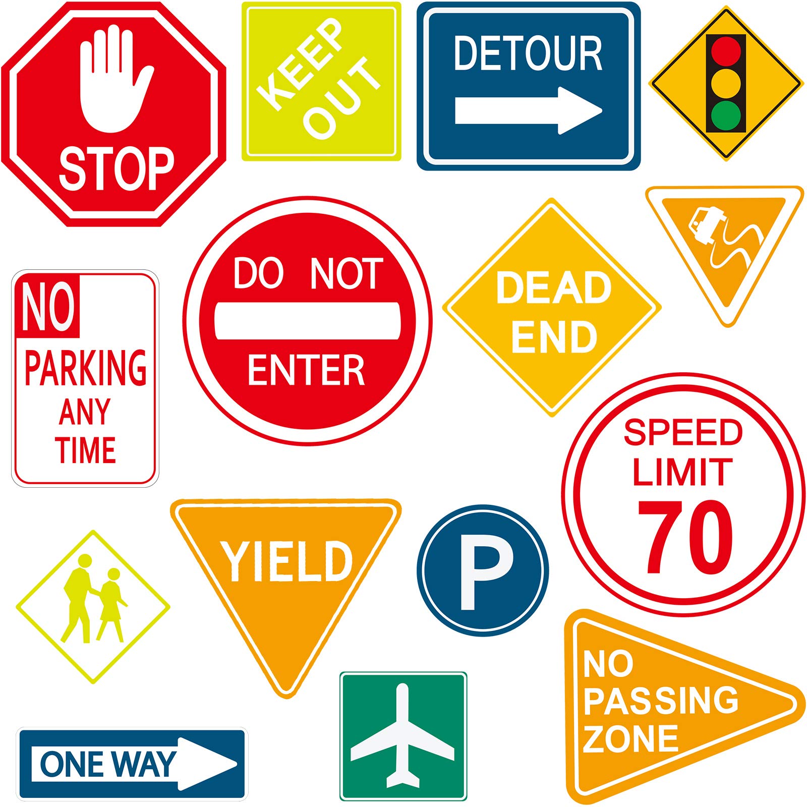 15 Pieces Road Signs Wall Decal Traffic Sign Stickers Street Signs Decals Stop Street Transportation Signs Vinyl Wall Decals for Kids Bedroom Classroom Playroom Birthday Decor