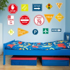 15 Pieces Road Signs Wall Decal Traffic Sign Stickers Street Signs Decals Stop Street Transportation Signs Vinyl Wall Decals for Kids Bedroom Classroom Playroom Birthday Decor