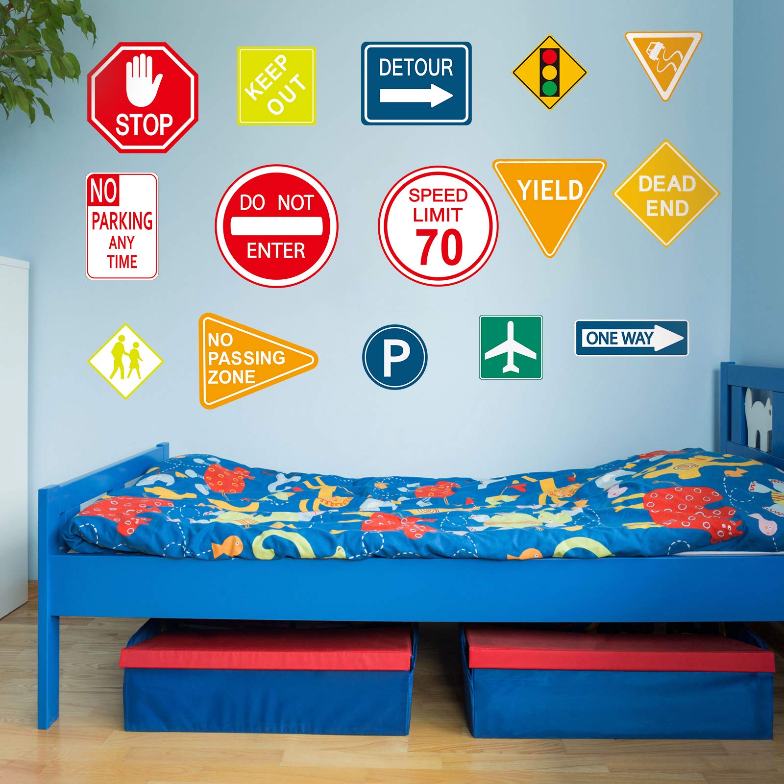 15 Pieces Road Signs Wall Decal Traffic Sign Stickers Street Signs Decals Stop Street Transportation Signs Vinyl Wall Decals for Kids Bedroom Classroom Playroom Birthday Decor