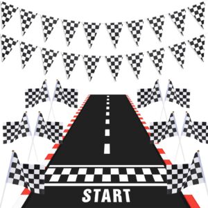 racing car party decorations supplies 6.6 x 2 ft long racetrack floor running mat, 6.6 feet checkered racing pennant banner, 10 pcs checked race flags with stick for birthday race car party decors