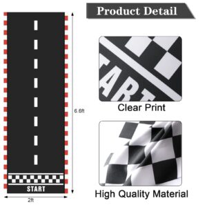 Racing Car Party Decorations Supplies 6.6 x 2 Ft Long Racetrack Floor Running Mat, 6.6 Feet Checkered Racing Pennant Banner, 10 Pcs Checked Race Flags with Stick for Birthday Race Car Party Decors