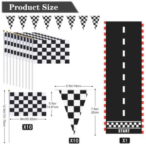 Racing Car Party Decorations Supplies 6.6 x 2 Ft Long Racetrack Floor Running Mat, 6.6 Feet Checkered Racing Pennant Banner, 10 Pcs Checked Race Flags with Stick for Birthday Race Car Party Decors