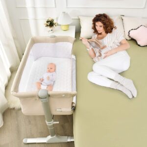 baby joy bedside bassinet, co sleeper portable crib w/travel bag, detachable & washable mattress, breathable mesh, newborn infant baby bed, height & angle adjustable, (beige)
