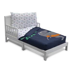 delta children 4 piece toddler bedding set for boys - reversible 2-in-1 comforter - includes fitted comforter to keep little ones snug, bottom sheet, top sheet, pillow case - jurassic dinosaur