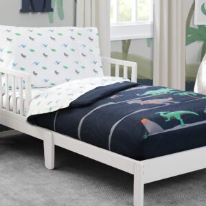 Delta Children 4 Piece Toddler Bedding Set for Boys - Reversible 2-in-1 Comforter - Includes Fitted Comforter to Keep Little Ones Snug, Bottom Sheet, Top Sheet, Pillow Case - Jurassic Dinosaur