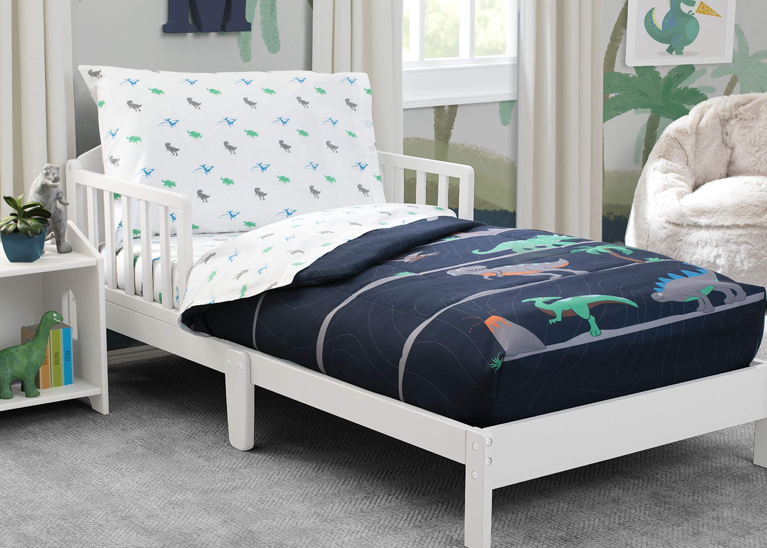 Delta Children 4 Piece Toddler Bedding Set for Boys - Reversible 2-in-1 Comforter - Includes Fitted Comforter to Keep Little Ones Snug, Bottom Sheet, Top Sheet, Pillow Case - Jurassic Dinosaur