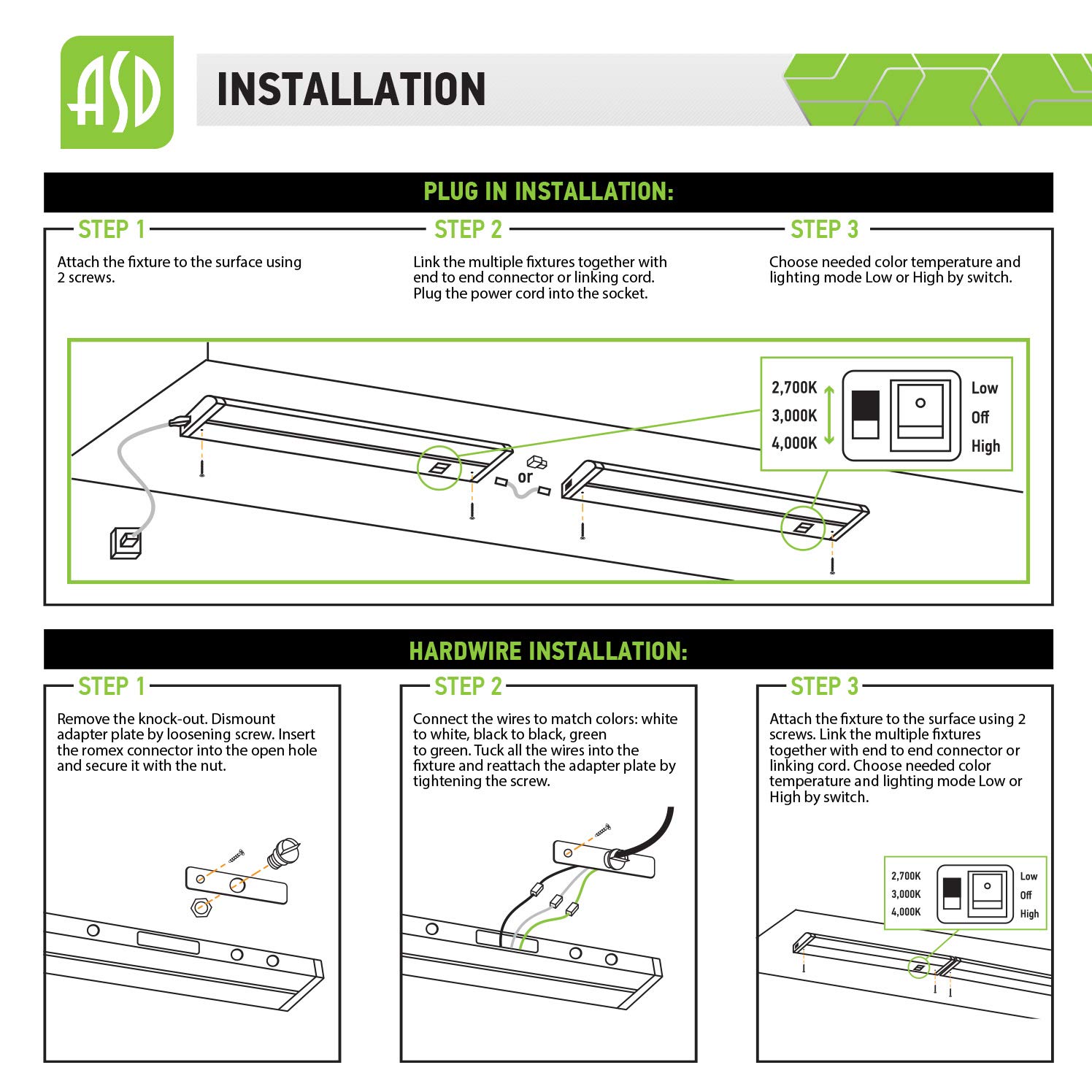 ASD Swivel LED Under Cabinet Lighting, 12 Inch 5W, Hardwired or Plug-in, 2700K/3000K/4000K Selectable, Rotatable Lens, Dimmable Linkable Under Counter Light for Kitchen, ETL & Energy Star