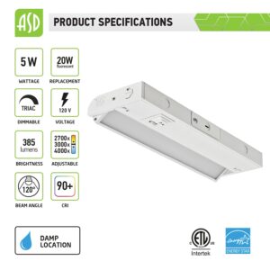 ASD Swivel LED Under Cabinet Lighting, 12 Inch 5W, Hardwired or Plug-in, 2700K/3000K/4000K Selectable, Rotatable Lens, Dimmable Linkable Under Counter Light for Kitchen, ETL & Energy Star