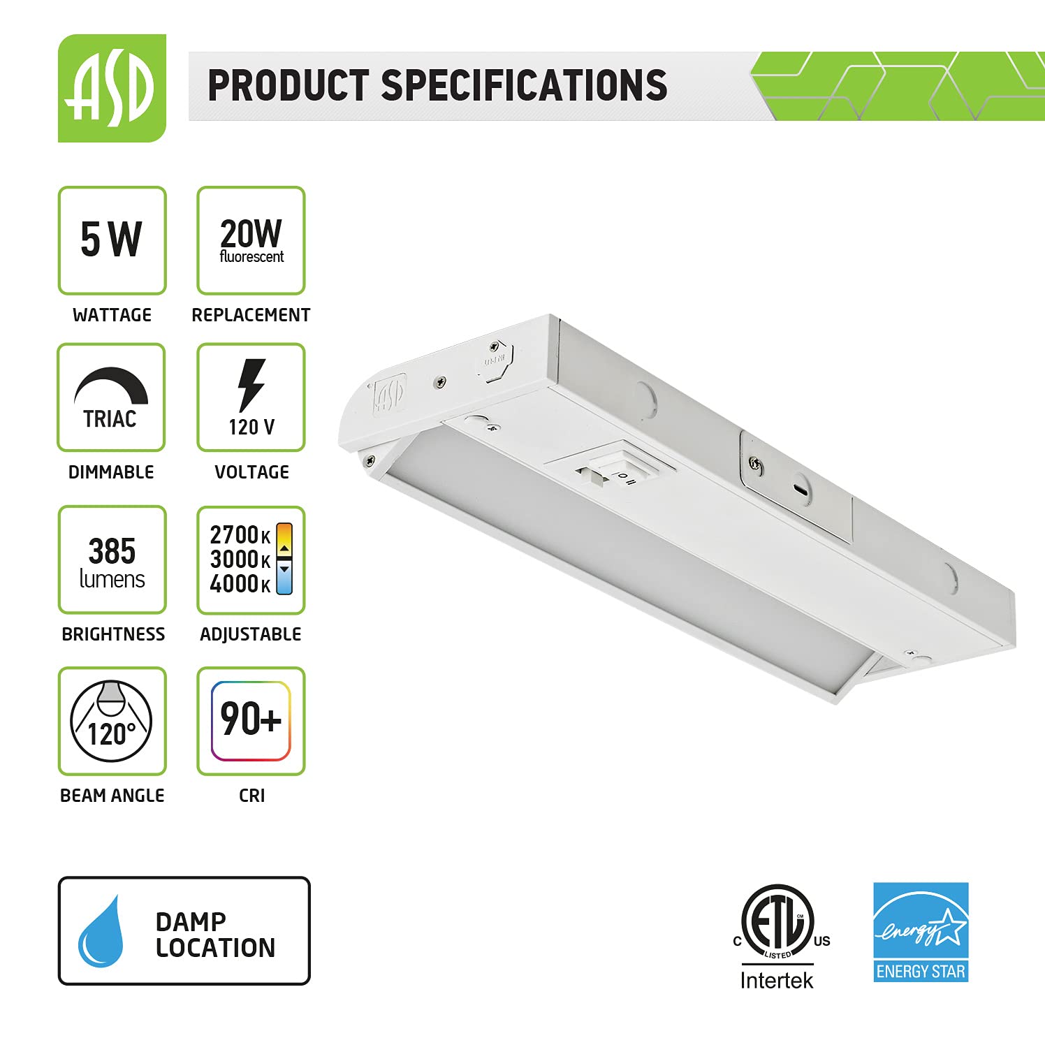 ASD Swivel LED Under Cabinet Lighting, 12 Inch 5W, Hardwired or Plug-in, 2700K/3000K/4000K Selectable, Rotatable Lens, Dimmable Linkable Under Counter Light for Kitchen, ETL & Energy Star