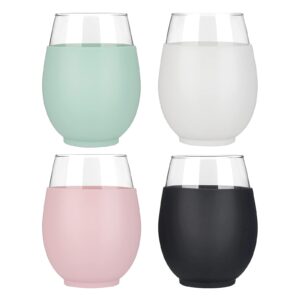 tronco 20oz wine glass with protective silicone sleeve,reusable stemless wine glasses, cocktail glass set，4 pack