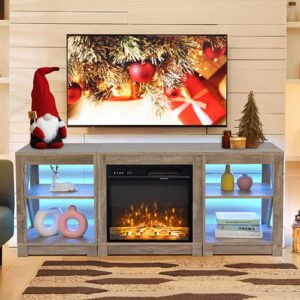 vingli fireplace tv stand with led lights for tvs up to 65 inch, farmhouse modern entertainment center (gray oak, 59'' x 16'' x 24'', comes in 2 boxes)