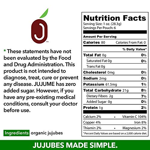 JUJUME | USDA Organic California Grown Jujubes Red Dates | Individually Sorted 3X for QA | High Grade Superfood | Healthy Dried Fruit | Certified All-Natural Non-GMO | 6 oz. bag