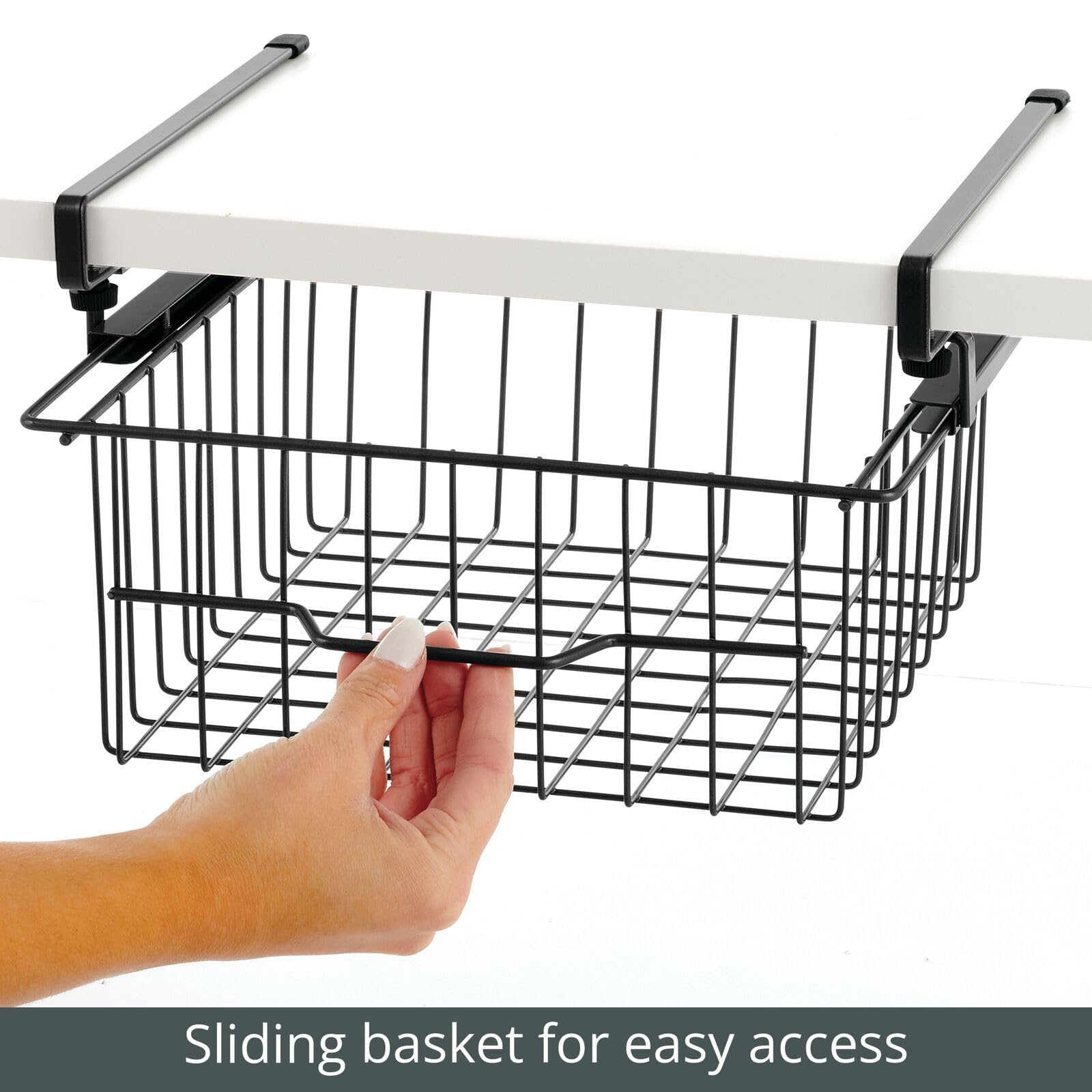 mDesign Compact Hanging Pullout Drawer Basket - Sliding Under Shelf Storage Organizer - Metal Wire - Attaches to Shelving - Easy Install - for Kitchen, Pantry, Cabinet - Black