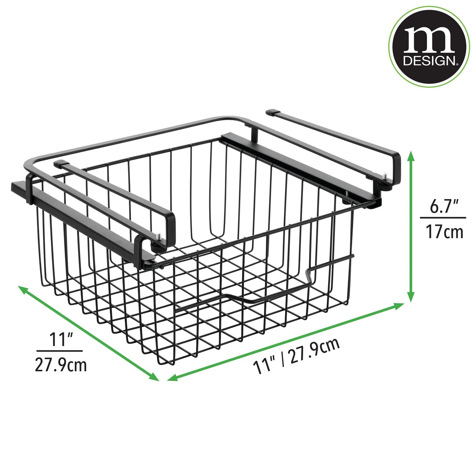 mDesign Compact Hanging Pullout Drawer Basket - Sliding Under Shelf Storage Organizer - Metal Wire - Attaches to Shelving - Easy Install - for Kitchen, Pantry, Cabinet - Black