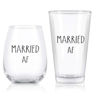 Married AF Wine Glass and Married AF Beer Glass, Wine Glass and Beer Glass Gift Set for Couples, Newlyweds, Mr Mrs, Husband Wife - Gift Idea forValentine's Day, Birthday, Wedding, Anniversary