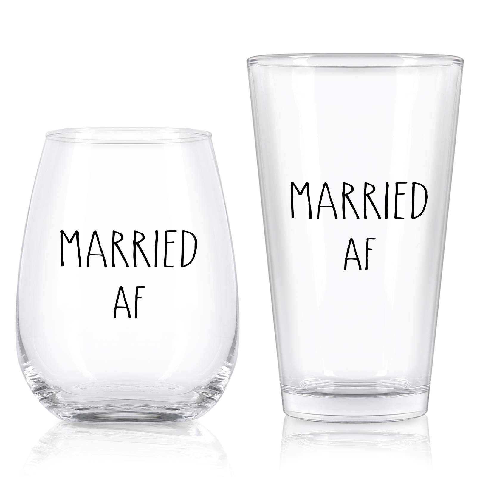 Married AF Wine Glass and Married AF Beer Glass, Wine Glass and Beer Glass Gift Set for Couples, Newlyweds, Mr Mrs, Husband Wife - Gift Idea forValentine's Day, Birthday, Wedding, Anniversary