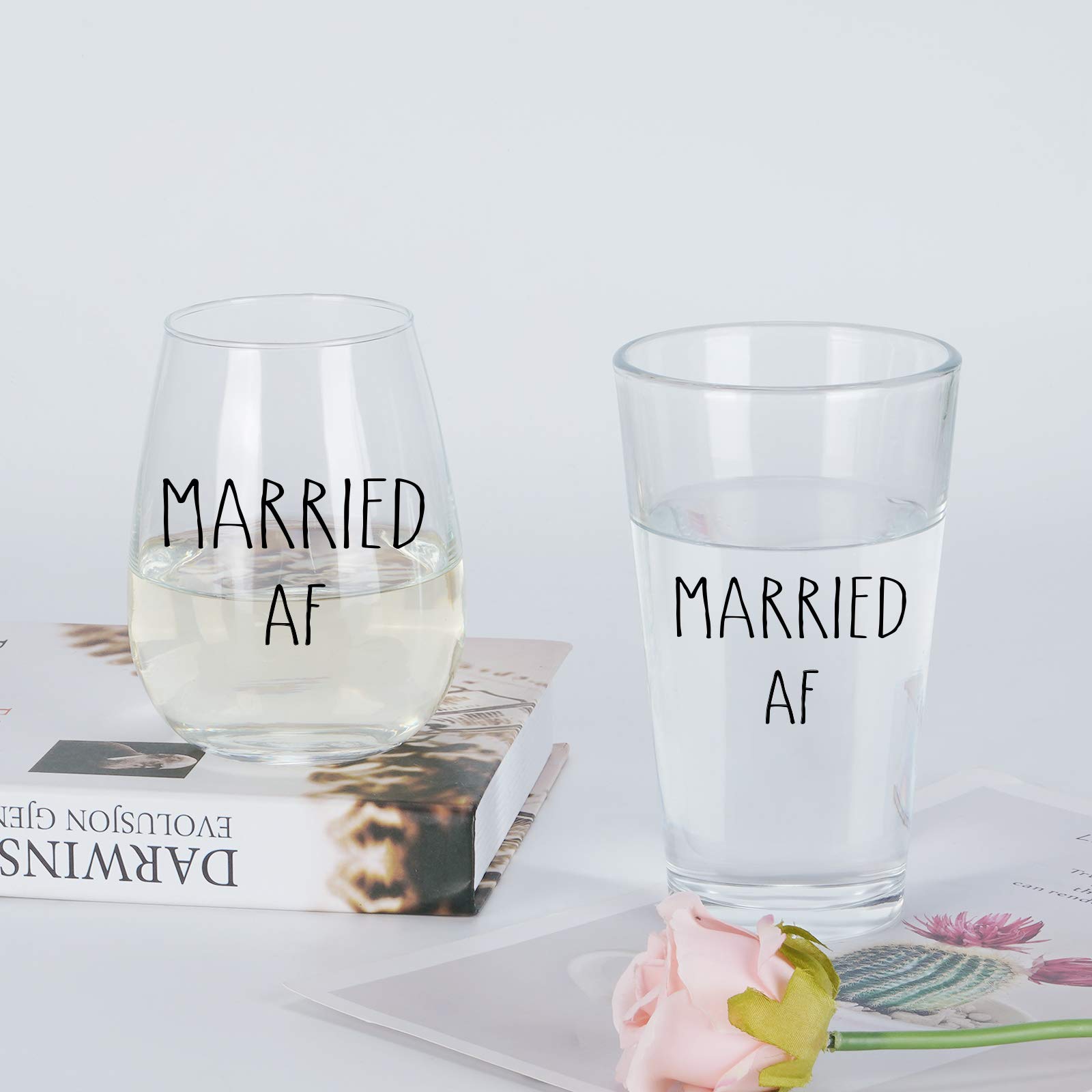 Married AF Wine Glass and Married AF Beer Glass, Wine Glass and Beer Glass Gift Set for Couples, Newlyweds, Mr Mrs, Husband Wife - Gift Idea forValentine's Day, Birthday, Wedding, Anniversary