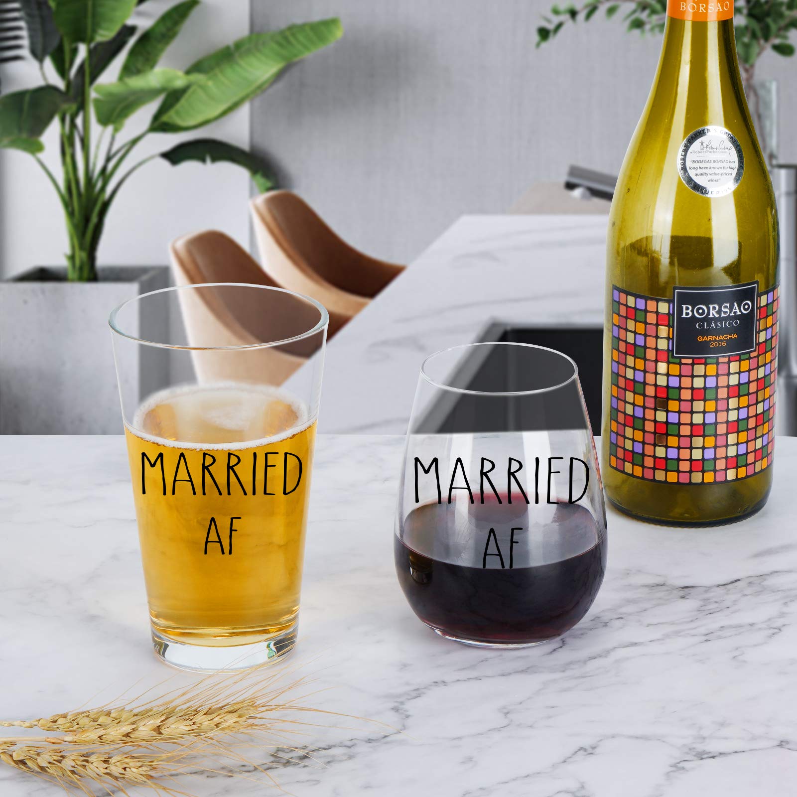 Married AF Wine Glass and Married AF Beer Glass, Wine Glass and Beer Glass Gift Set for Couples, Newlyweds, Mr Mrs, Husband Wife - Gift Idea forValentine's Day, Birthday, Wedding, Anniversary