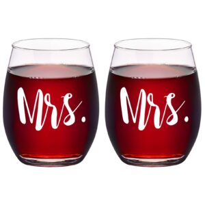 modwnfy mrs and mrs stemless wine glass set of 2, couple set for her wife girlfriend lesbian couple, unique gift idea for wedding engagement valentine’s day birthday anniversary, 15 oz