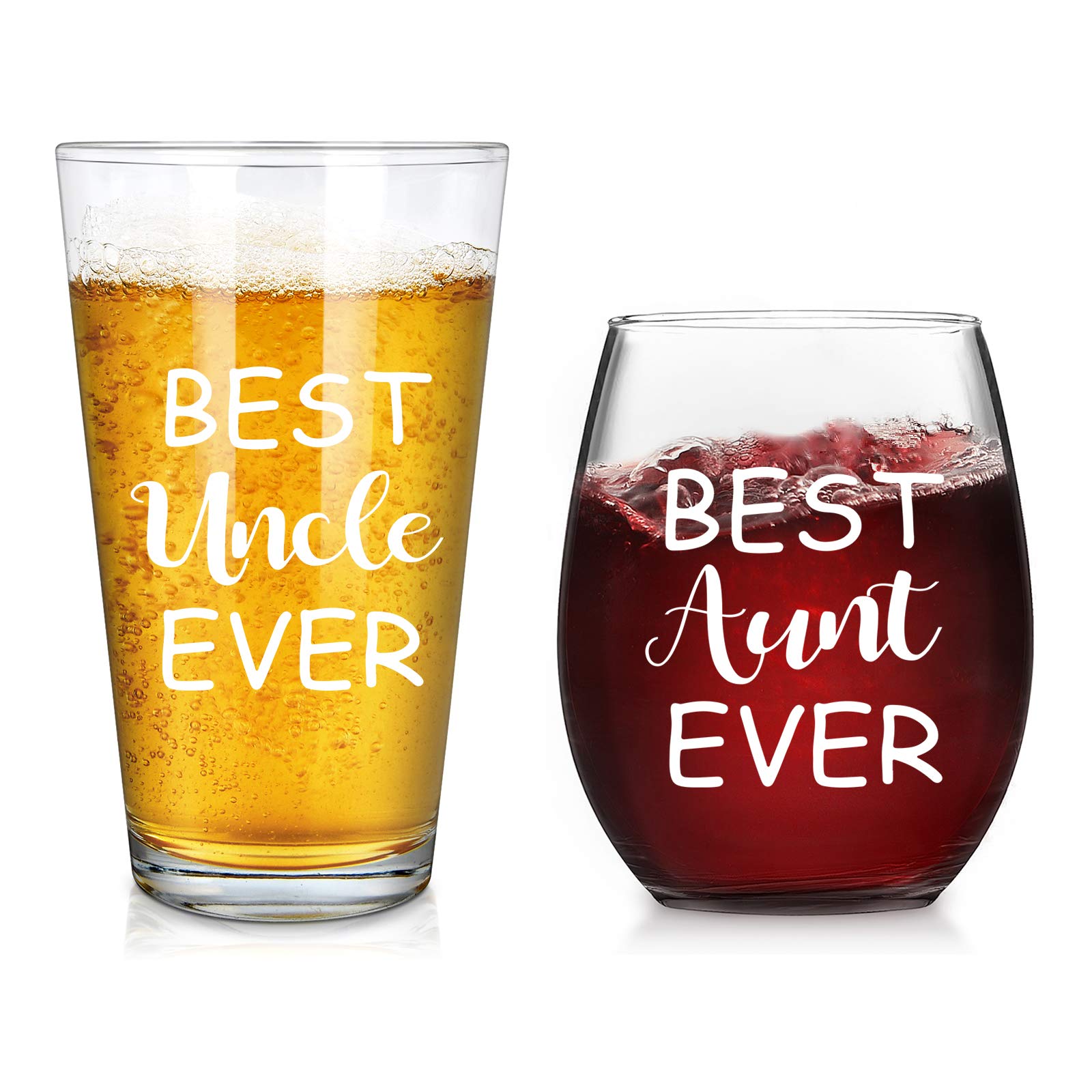 Modwnfy Uncle & Aunt Beer Glass and Stemless Wine Glass Set for Men Women Newlywed Couple Aunt Uncle, Perfect Present Set for Birthday Anniversary Wedding Engagement Valentine’s Day, 15 Oz