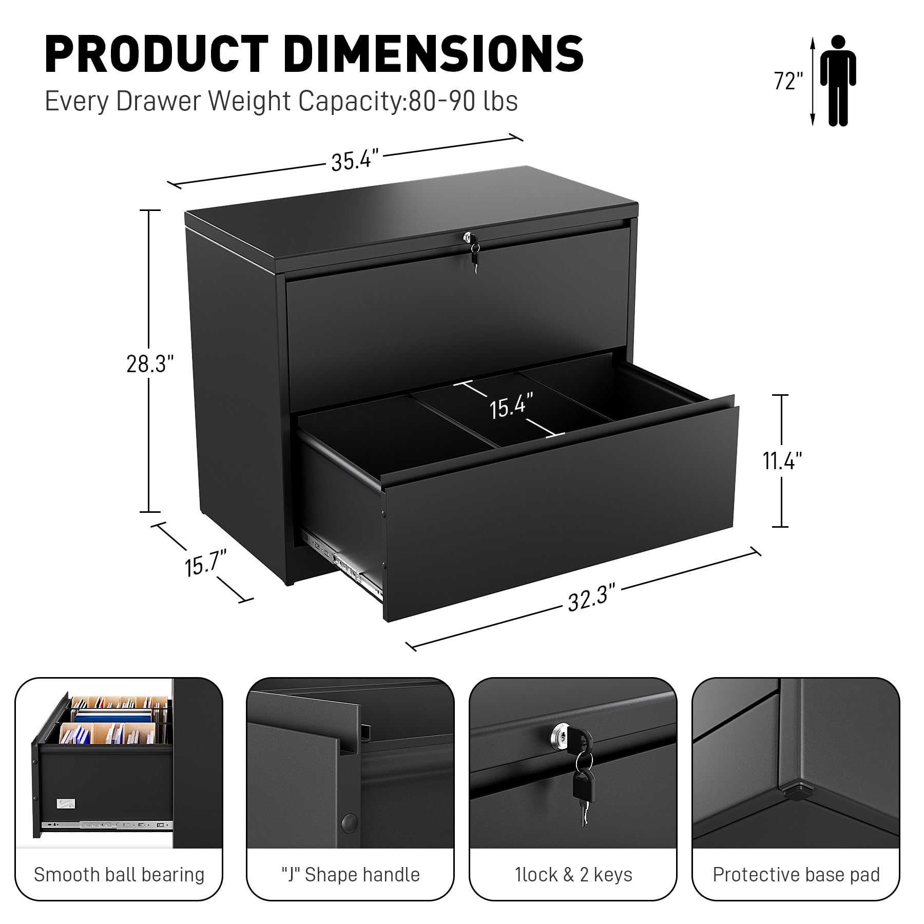 WIILAYOK Lateral File Cabinet with Lock,2 Drawer File Cabinet for Home and Office, Organizer Storage Lateral Locking Filing Cabinet, Black