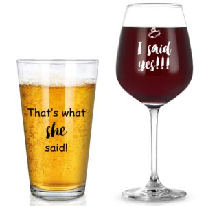 futtumy i said yes, that's what she said wine glass and beer glass set for him her couples newlyweds, novelty wine gift for engagement proposal valentine's day wedding bridal shower, 15oz (set of 2)