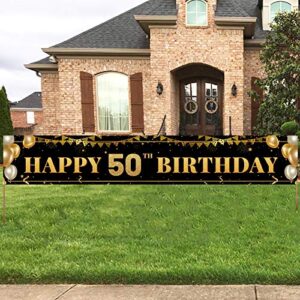 large happy 50th birthday decoration banner, black and gold happy 50th birthday banner sign, 50th birthday party decorations supplies(9.8x1.6ft)