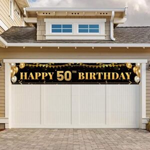 Large Happy 50th Birthday Decoration Banner, Black and Gold Happy 50th Birthday Banner Sign, 50th Birthday Party Decorations Supplies(9.8x1.6ft)