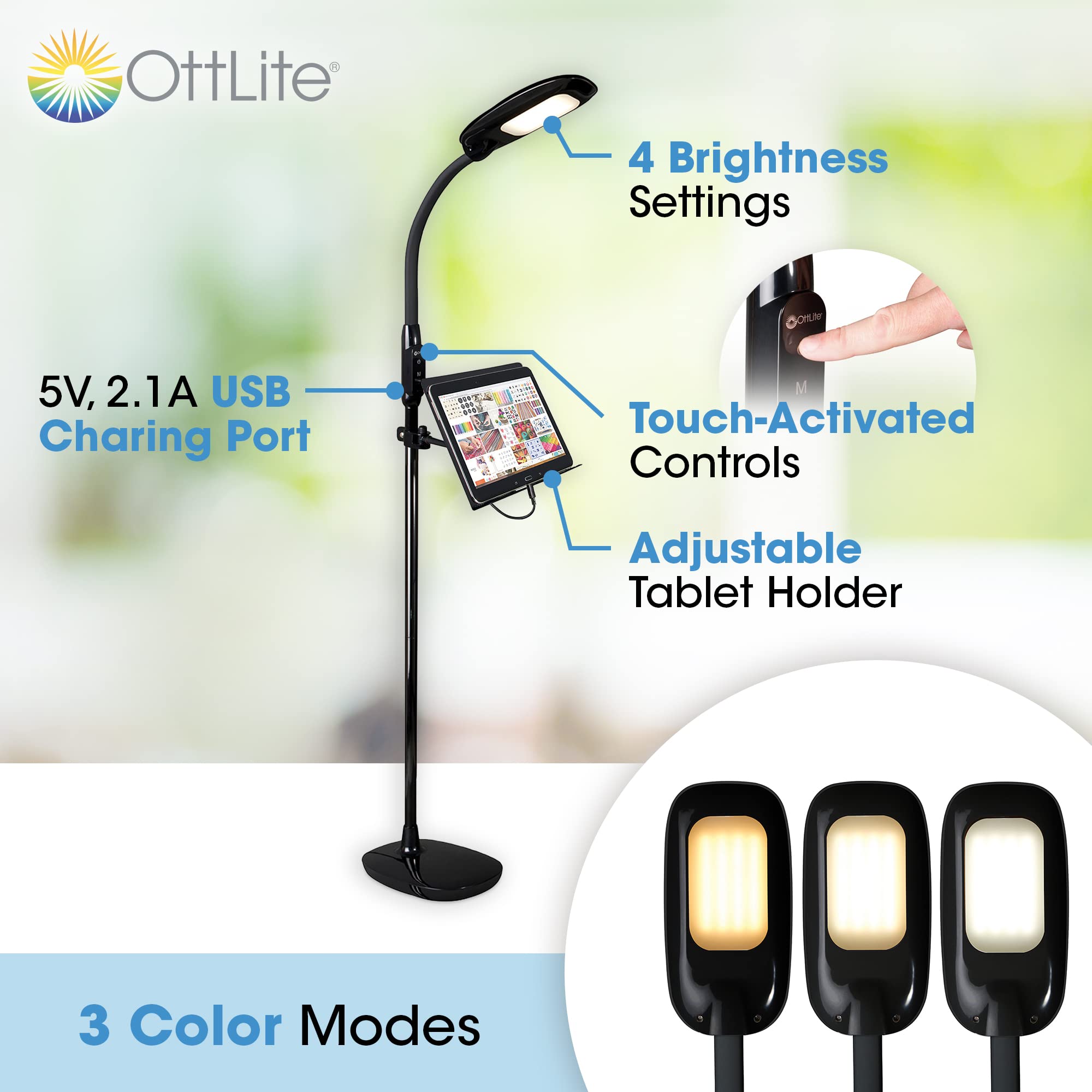 OttLite LED Floor Lamp with USB Charging Port & Tablet Stand - ClearSun LED Technology - 4 Brightness Settings & 3 Color Temperature Modes - Touch Activated Controls, for Home, Reading & Dorms