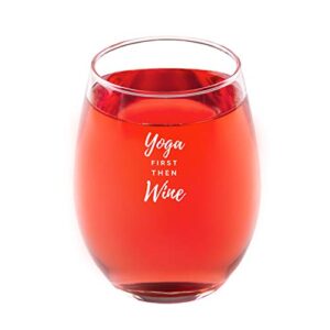 firelou's bargains, yoga first then wine 15 oz. novelty stemless wine glass, great gift for yoga and wine lovers. relax with your favorite beverage after an intense yoga session.