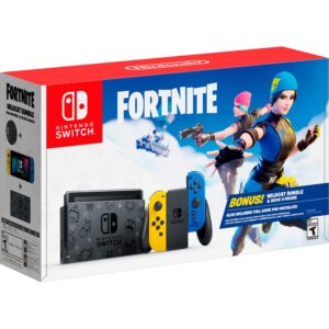 newest nintendo switch fortnite wildcat special edition with yellow and blue joy-con, fortnite game pre-installed - 6.2" touchscreen lcd display, 32gb internal storage, ac wifi, w/cue accessories
