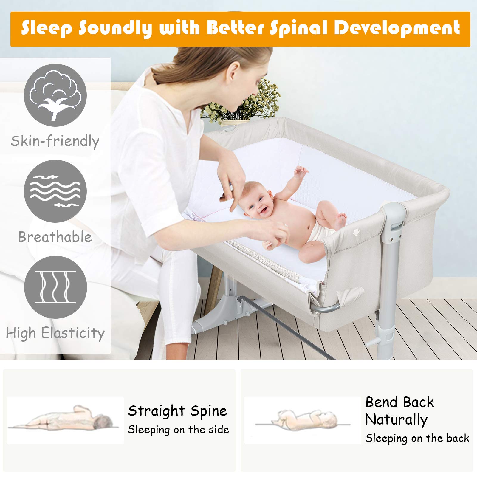 HONEY JOY Baby Bedside Crib, Newborn Bassinet Bedside Sleeper, Adjustable Height & Angle, Detachable &Washable Mattress, Breathable Mesh, Straps, Portable Travel Bed Side Bassinet for Infants(Beige)