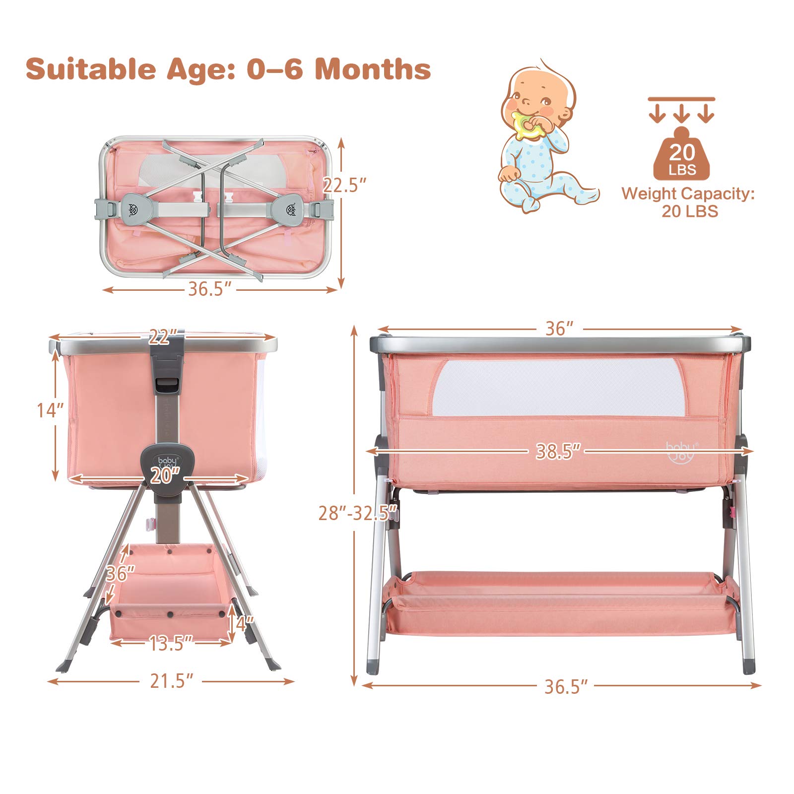 BABY JOY Bedside Bassinet, Portable Baby Crib w/Mattress, Two-Side Breathable Mesh, 7 Height Adjustable, Large Storage, Wheels for Easy Movement, Crib for Newborn Infant, Bassinet for Baby, Pink