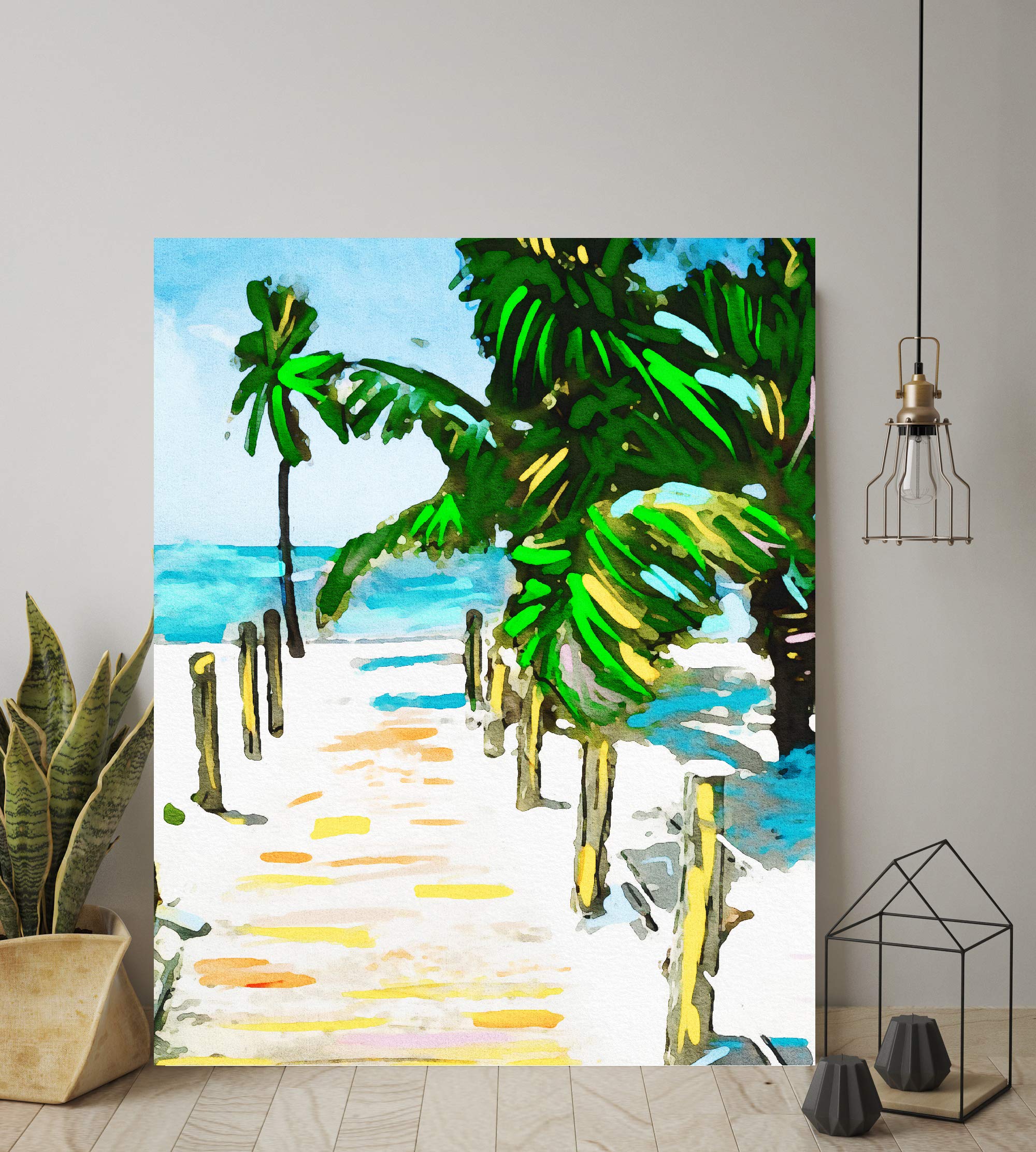 Wall Art Modern Beach Walk Nature Coastal Palm Trees Landscape Watercolor Mix Media Painting Print Art Poster Print Designer Brand