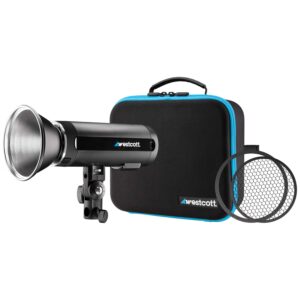 westcott fj200 round head pocket strobe with 1.3 sec. recycle time, ttl, hss and includes tilter bracket, 30-degree honeycomb grid with gel clip and travel case