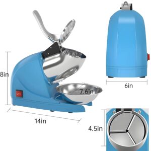 Electric Ice Crushers Machine Shaved Ice Machine Ice Snow Cone Maker Professional Double Blades Stainless Steel Ice Shaver Machine for Home Commercial Use (Blue)