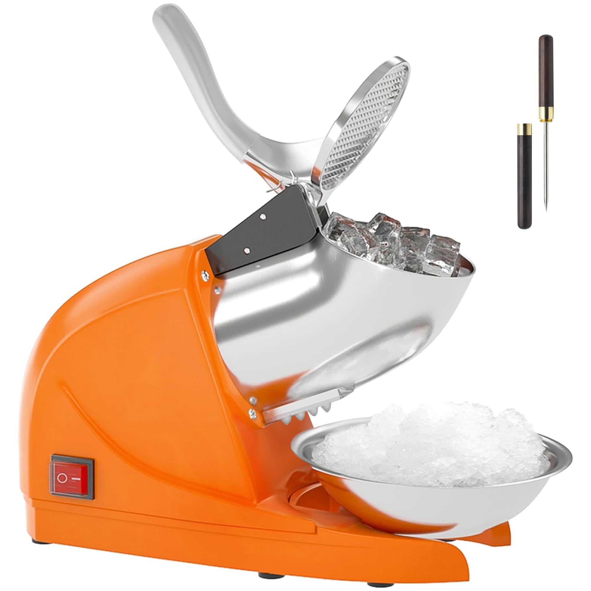 Electric Ice Crushers Machine Ice Snow Cone Maker Professional Double Blades Stainless Steel Ice Shaver Machine for Home Commercial Use (Orange)