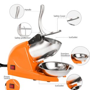 Electric Ice Crushers Machine Ice Snow Cone Maker Professional Double Blades Stainless Steel Ice Shaver Machine for Home Commercial Use (Orange)