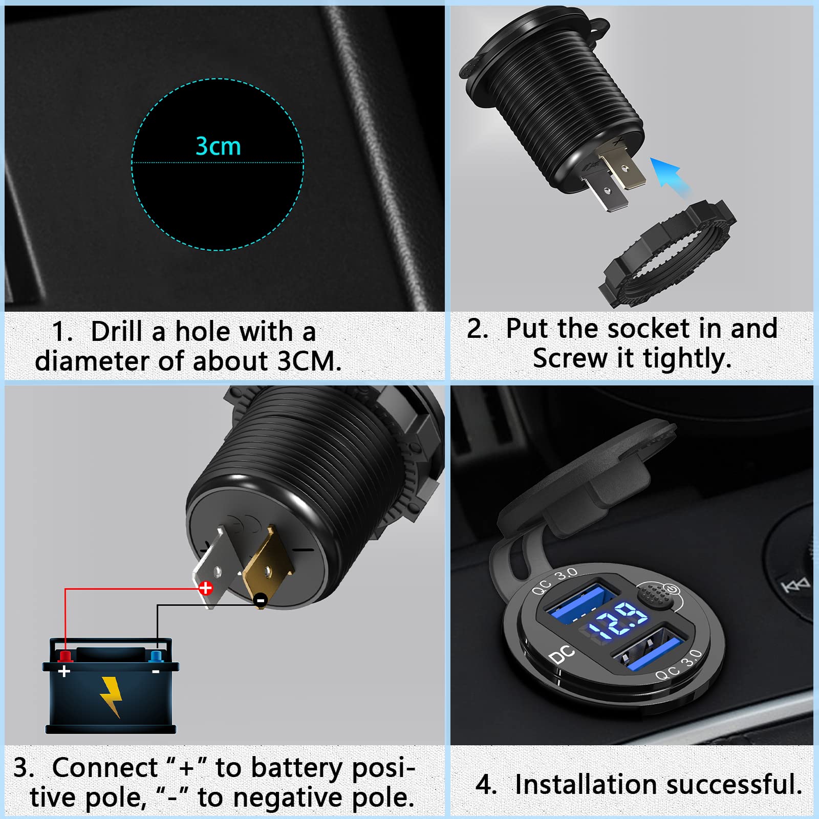 [Upgraded Version] 12V USB Outlet Dual Quick Charge 3.0, Qidoe Aluminum Socket 12V Motorcycle USB Outlet with LED Voltmeter Button Switch Waterproof 12V Car Charger for Boat Marine Moto RV Golf Cart