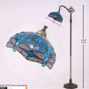 WERFACTORY Tiffany Floor Lamp Sea Blue Stained Glass Dragonfly Arched Lamp 12X18X64 Inches Gooseneck Adjustable Corner Standing Reading Light Decor Bedroom Living Room S622 Series