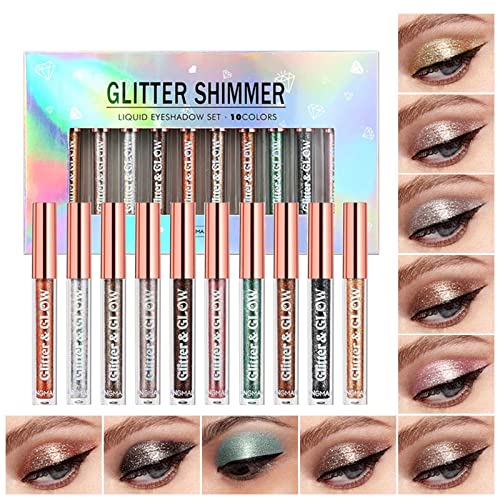 BestLand 10 Colors Liquid Glitter Eyeshadow Set, Metallic Glitter Shimmer Naked Smokey Eye Looks Waterproof Long Lasting Quick-Drying Sparkling Eye Shadow Christmas Makeup Kits