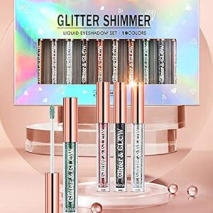 BestLand 10 Colors Liquid Glitter Eyeshadow Set, Metallic Glitter Shimmer Naked Smokey Eye Looks Waterproof Long Lasting Quick-Drying Sparkling Eye Shadow Christmas Makeup Kits