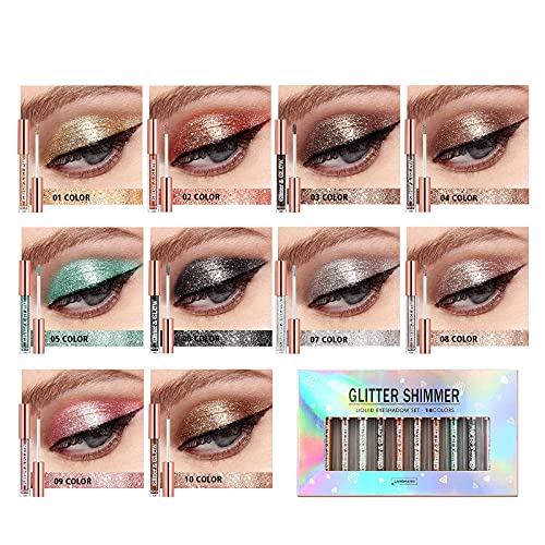 BestLand 10 Colors Liquid Glitter Eyeshadow Set, Metallic Glitter Shimmer Naked Smokey Eye Looks Waterproof Long Lasting Quick-Drying Sparkling Eye Shadow Christmas Makeup Kits