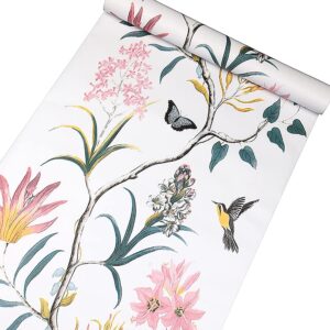 hoyoyo four seasons pink blossom self-adhesive liner paper, blossom humming birds butterflies removable peel and stick dresser cabinets furniture table desk home decor 17.8 x 118 inch, white